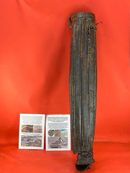 German metal transport container with sand camouflage paintwork remains for 75mm KwK 40 gun on Panzer 4 tank recovered in German ammunition storage bunker used by SS Nordland Division-the 1944 Narva Battle in Estonia, untouched until recovered in 2022