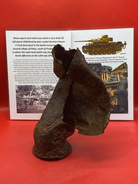 Rare blown apart steel shell case 5cm KwK39,L/60 dated 1940 fired by later model German Panzer 3 Tank mark J-M recovered from near the village of Plota near Prokhorovka on the battlefield at Kursk 1943 in Russia