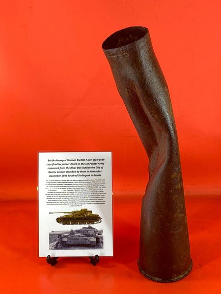 German battle damaged 75mm KwK 40 steel shell case nice solid relic condition fired by Panzer 4 tank of the 1st Panzer Army recovered from the River Don outside the City of Rostov on Don attacked by them in November- December 1941 South of Stalingrad