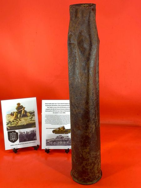 German steel shell case 7.5cm KwK42 with battle damage, nice condition with some markings from German Panther tank in one of SS Division or Corps Tank properly the 9th SS Panzer Division which was defending Hill 112 near Caen in Normandy 1944 battle