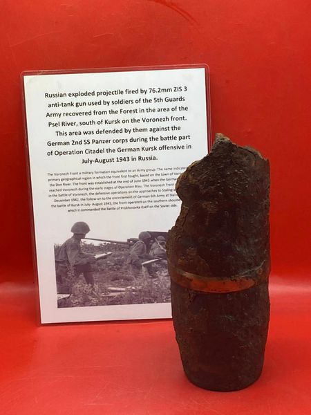 Russian exploded 76.2mm projectile used by the 5th Guards Army recovered from the Psel River, south of Kursk on the Voronezh front defended by them against German 2nd SS Panzer corps during the German Kursk offensive in July-August 1943