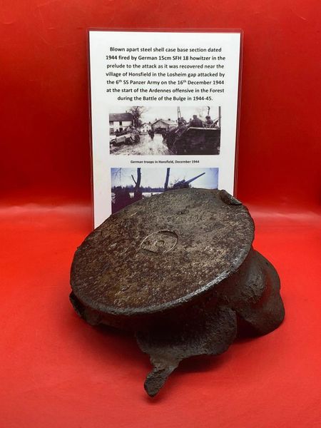 Blown apart base section of 15cm projectile dated 1944 properly fired by German 15cm SFH 18 howitzer it was recovered at Honsfield in the Losheim gap attacked by the 6th SS Panzer Army on the 16th December 1944 at the start of the Ardennes offensive