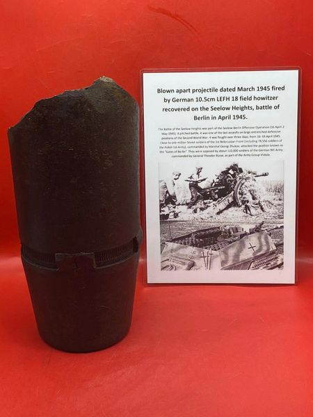 Very rare blown apart projectile dated March 1945 with waffen stamp fired by German 10.5cm the LFH18 light field howitzer recovered from Seelow Heights 1945 battlefield the opening battle for Berlin