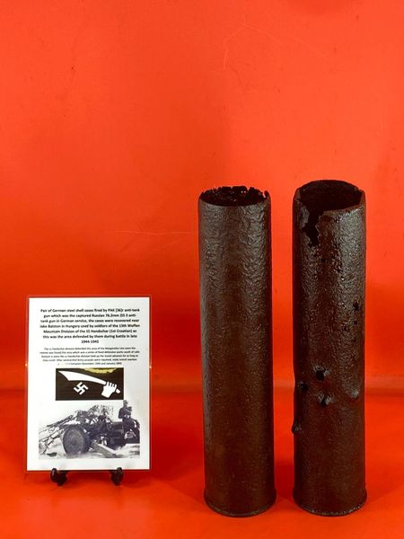 German pair of steel shell cases fired by PAK[36]r anti-tank gun also used in Marder 3 tank destroyer recovered near lake Balston in Hungary used by the 13th Waffen Mountain Division of the SS Handschar as this was the area defended by them during battle