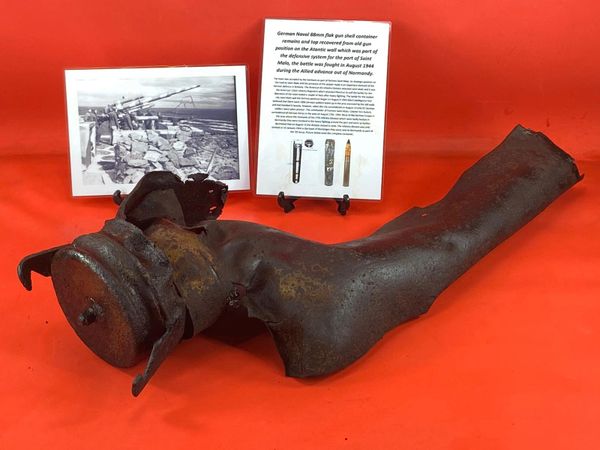 German Naval 88mm flak gun shell container remains top solid relic,maker marked,sand colour paintwork recovered from Kriegsmarine costal artillery position on the Atlantic wall defence system near the port of Saint Malo in France August 1944 battle