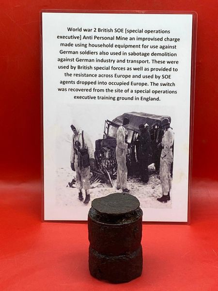 Very rare World war 2 British SOE [special operations executive] Anti Personal Mine an improvised charge made using household equipment nice relic condition recovered from the site of a SOE training ground in England.