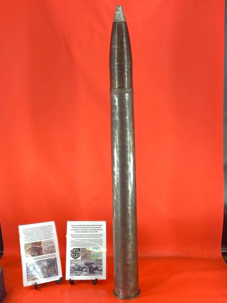 Lovely complete German 76.2mm anti tank gun shell,brass wash case dated 1944 maker marked recovered in German ammunition storage bunker used by SS Nordland Division,1944 Narva Battle in Estonia, untouched until recovered in 2022+dig pictures