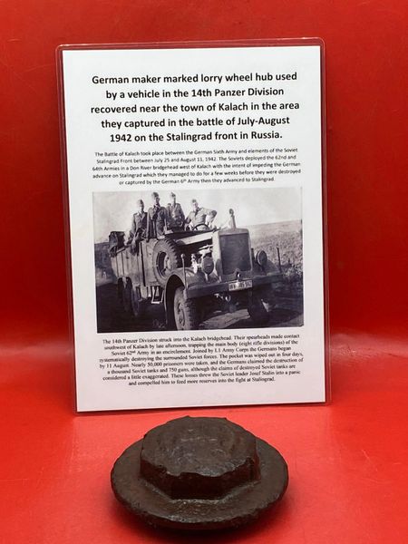German maker marked lorry wheel hub used by a vehicle of the 14th Panzer Division recovered near the town of Kalach in the area they captured in the battle of July-August 1942 on the Stalingrad front