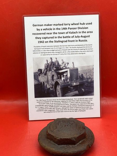German lovely maker marked lorry large wheel hub used by a vehicle of the 14th Panzer Division recovered near the town of Kalach in the area they captured in the battle of July-August 1942 on the Stalingrad front