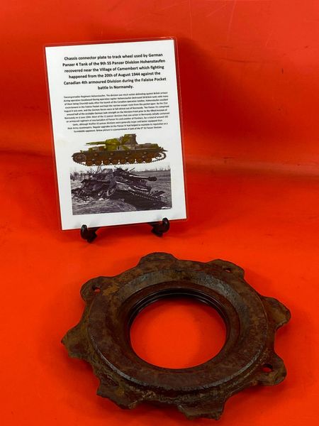 Chassis connector plate to track wheel with sand camouflage paintwork from German Panzer 4 tank of 9th SS Panzer Division Hohenstaufen recovered near Camembert from the battle of 20th August 1944 from the last days of fighting in the Falaise Pocket