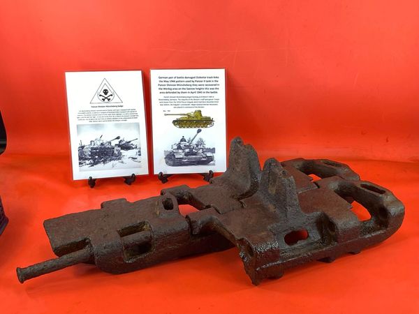 Very rare German pair of battle damaged ostkette track links 1944 pattern used by panzer 4 tank nice relic condition well cleaned used by Panzer-Division Müncheberg recovered in the Werbig area on the Seelow heights defended by them in April 1945