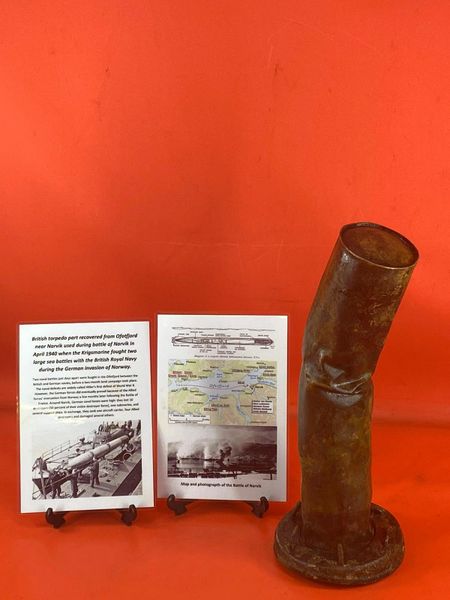 Unbelievably rare British torpedo part with maker markings recovered from Ofotfjord near Narvik used during battle of Narvik in April 1940 when the Krigsmarine fought two large sea battles with the British Royal Navy during the German invasion of Norway