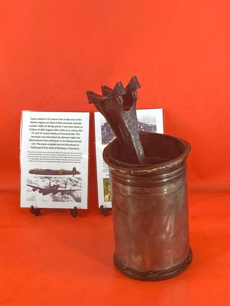 Fantastic condition engine piston in its sleeve with all original colors from inside Merlin engine on Mark 3 RAF Lancaster bomber number JA851 of 49 Squadron it was shot down on 18th August 1943 while on a raid on the rocket facility at Peenemünde