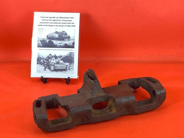 German complete track link rare type 6B July 1944 pattern, relic condition with battle damage used by Sturmgeschutz 3 assault gun recovered in the Ardennes Forest from Battle of the Bulge in 1944