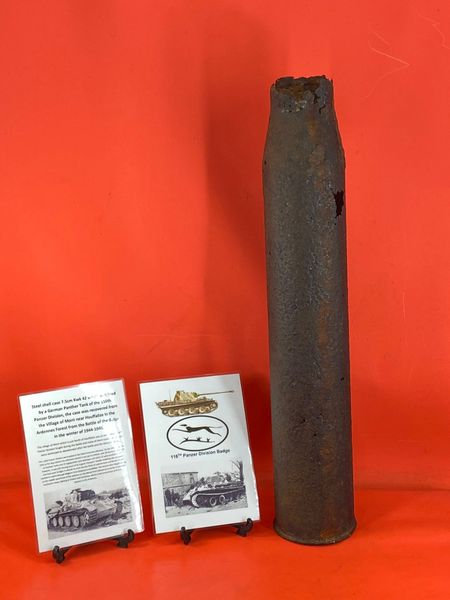 German steel shell case 7.5cm KwK42 nice straight neck solid condition fired by Panther tank of the 116th Panzer Division recovered in Mont near Houffalize ,Ardennes Forest, battle of the Bulge 1944-1945