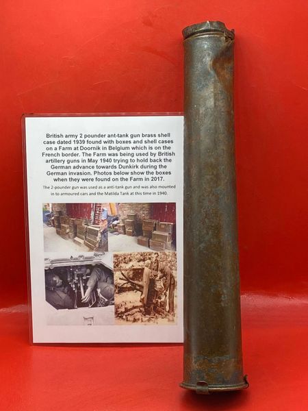 British brass shell case dated 1939 with transit clip fired by 2 pounder anti-tank gun found in 2017 on a Farm at Doornik in Belgium on the French border the Farm was being used by British troops trying to hold back the German advance towards Dunkirk