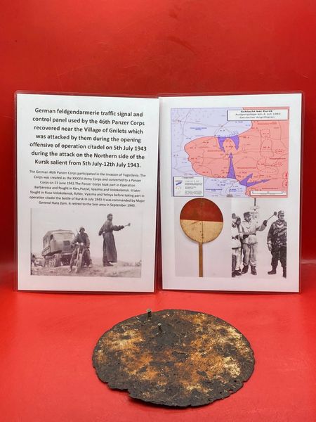 German Feldgendarmerie stop sign paddle metal made relic condition original red paintwork remains used by the 46th Panzer Corps recovered near Gnilets attacked by them on 5th July 1943 during the attack on the Kursk salient