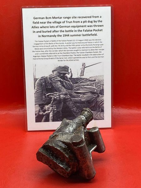 German 8cm Mortar model 34 range site,lovely condition relic recovered from a field near Trun a pit dug by the allies where lots of German equipment buried after the battle in the Falaise Pocket, Normandy in France 1944