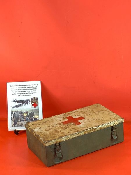 German vehicle verbandkasten [medical box] with original green and white paintwork and red cross remains recovered from the airfield at Voroponovo which was in the 6th Army pocket during the Battle of Stalingrad in 1942-1943.