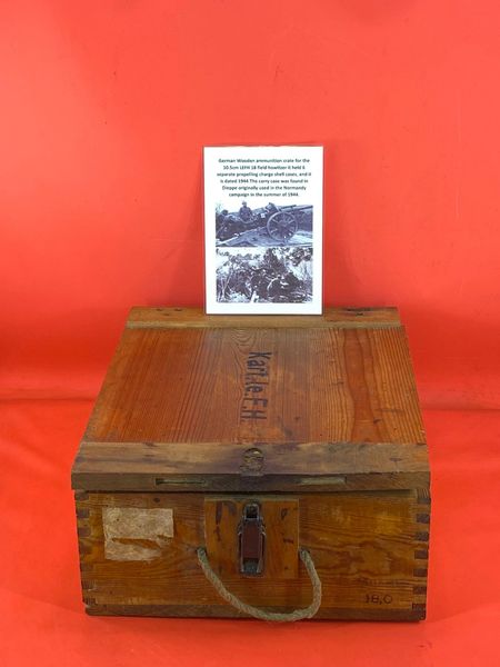 German wooden crate for 10.5CM LEFH 18 field howitzer shell ammunition box which held 6 cartridges with maker markings and dated 1944 found in Dieppe originally used in the Normandy campaign in the summer of 1944