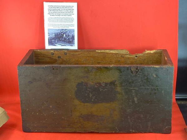 German Wooden ammunition crate for 15cm SFH18 artillery gun it held 3 separate propelling charge with 3 colour camouflage paintwork used by the 26th Volksgrenadier Division found a local brocante in Bras near Bastogne from the Bulge battle 1944-1945