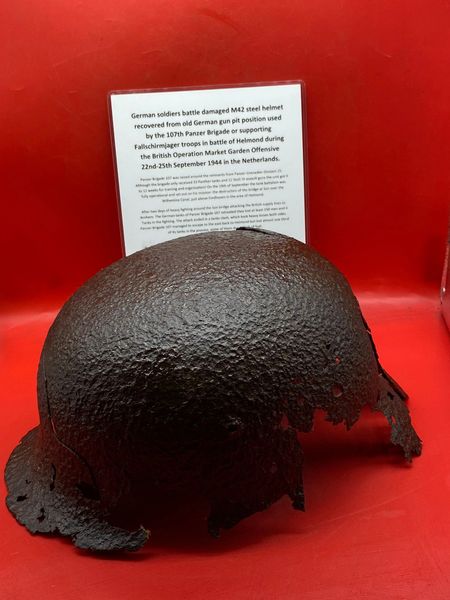German M42 Helmet solid relic condition used by soldier of 107th Panzer Brigade recovered from old German gun pit position from the battle of Helmond, Operation Market Garden, September 1944, Netherlands.