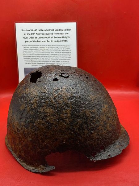 Russian SSh40 Helmet worn by soldier of the 69th Army in relic condition recovered near the river Oder at Lebus south of Seelow Heights 1945 battlefield the opening battle for Berlin