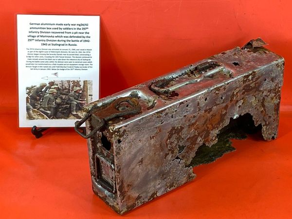 German early war aluminium made mg 34/42 single ammunition tin which is damaged recovered in village of Marinovka, defended by the 297th Infantry Division also RAD [Reich Labour Service] items as well, battle of 1942-1943 at Stalingrad