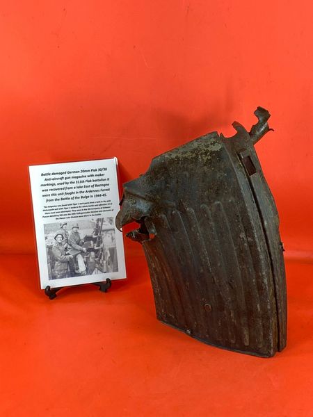 Fantastic condition battle damaged German 20mm Flak 30/38 Anti-Aircraft gun magazine which is not complete with black paintwork remains,markings,belonging to Luftwaffe 311th Flak battalion recovered from a Lake near Bastogne,battle of the Bulge 1944-1945