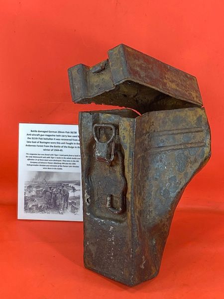 Battle damaged German 20mm Flak 30/38 Anti-Aircraft gun magazine twin carry box with lots of original sand colour paintwork solid relic belonging to Luftwaffe 311th Flak battalion recovered from a Lake East of Bastogne from battle of the Bulge 1944-1945
