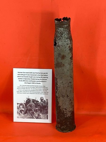 German 5cm Pak38 anti-tank gun steel shell case with some original colour recovered in the Orel Salient during the German Kursk offensive July-August 1943 in Russia.