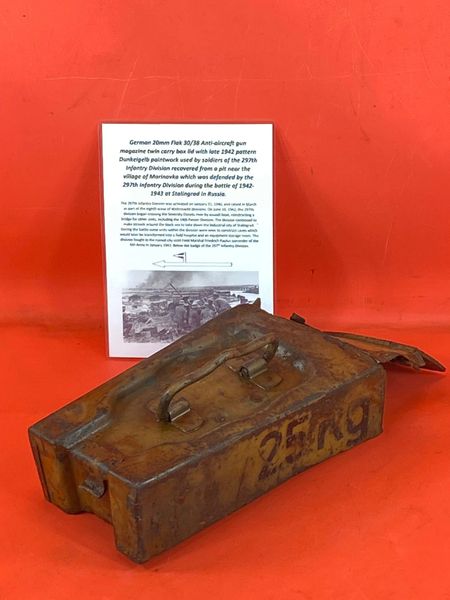 German 20mm Flak 30/38 Anti-Aircraft gun magazine twin carry box lid with original 1942 pattern Dunkelgelb paintwork of the 297th Infantry Division recovered from a pit in the village of Marinovka from the battle of 1942-1943 at Stalingrad
