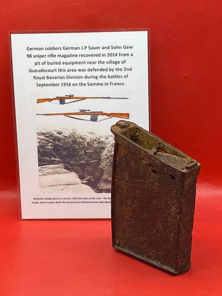 Rare German G98 sniper rifle 25 round trench magazine,complete solid relic condition recovered 2014 from pit of buried equipment near the village of Gueudecourt defended by the 2nd Royal Bavarian Division during the battles of September 1916 on the Somme