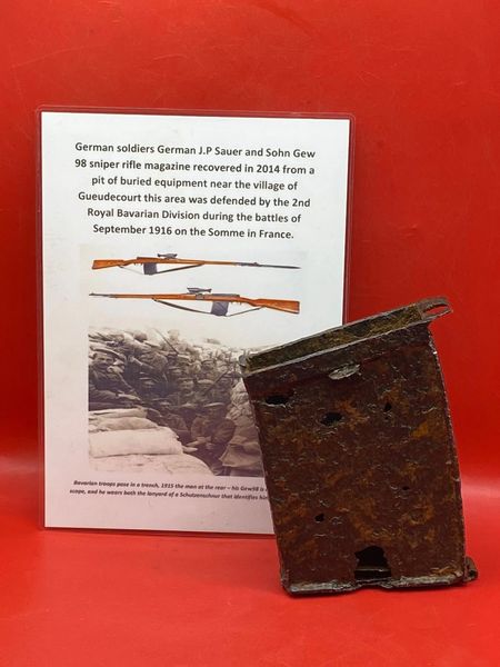 Rare German G98 sniper rifle 25 round trench magazine,complete solid relic condition recovered 2014 from pit of buried equipment near the village of Gueudecourt defended by the 2nd Royal Bavarian Division during the battles in September 1916 on the Somme