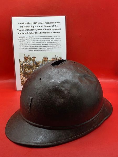 French soldiers M15 Adrian helmet,lovely condition relic recovered in old French dugout in the area of the Thiaumont Redoubt,Fort Douaumont the June-October 1916 battlefield in Verdun