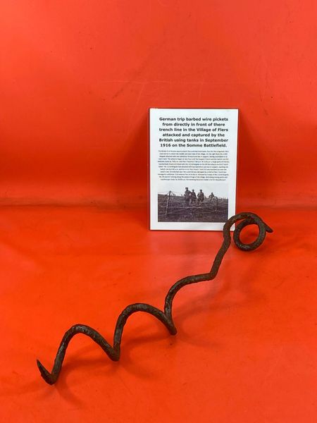 Very rare complete German barbed wire trip picket recovered from in front of the old German trench line in the village of Flers on the Somme battlefield 1916-1918. Flers was the first village captured using tanks in September 1916