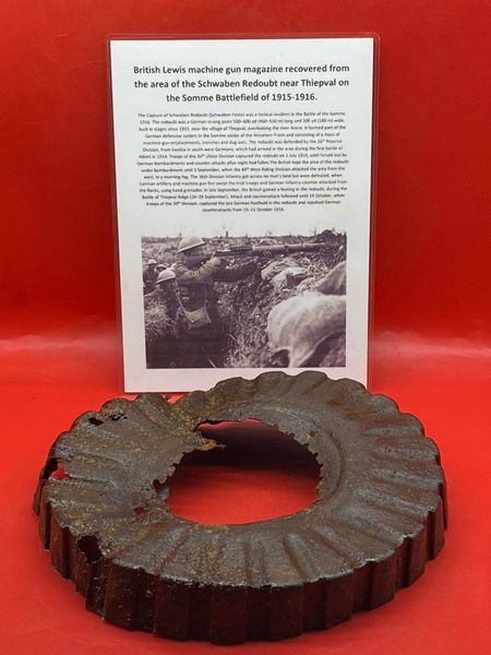 Rare to find a British Lewis machine gun magazine lovely solid relic it was recovered from the area of Schwaben Redoubt near Thiepval on the Somme battlefield of July 1916.