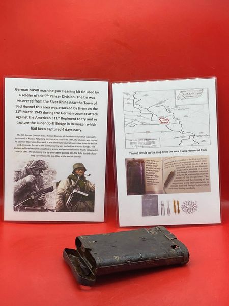 Extremely rare German MP40 machine gun cleaning kit tin lovely condition relic used by a soldier in 9th Panzer Division recovered from River Rhine at Bad Honnef, March 1945 battle the German counter attack on the Ludendorff Bridge in Remagen