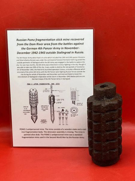 Russian Pomz fragmentation stick mine nice cleaned relic condition recovered from the Dom River area from the battles against the German 4th Panzer Army in November- December 1942-1943 outside Stalingrad in Russia.