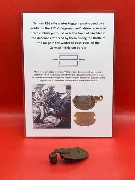 German K98 rifle winter trigger remains solid relic condition used by soldier of 212 Volksgrenadier-Division recovered near town of osweiler, Luxemburg from the battle of the Bulge 1944-1945