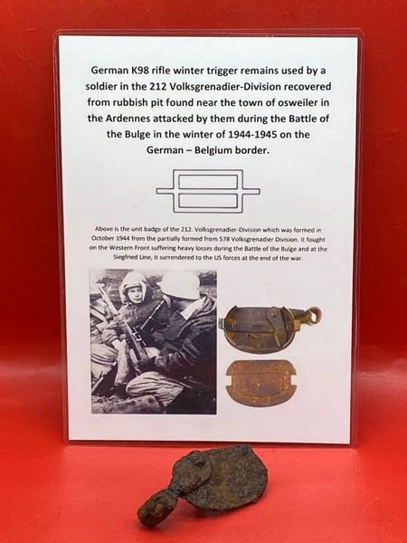 German K98 rifle winter trigger remains solid relic condition used by soldier of 212 Volksgrenadier-Division recovered near town of osweiler, Luxemburg from the battle of the Bulge 1944-1945