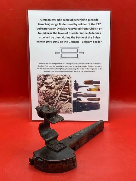 Fantastic condition German 98K schiebecher anti tank rifle grenade range finder,original colour+markings used by soldier of 212 Volksgrenadier-Division recovered near town of osweiler, Luxemburg from the battle of the Bulge 1944-1945