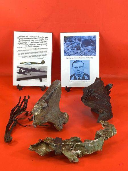 Large group of airframe and engine parts with lots of original colours and paintwork from German Heinkel 111 bomber of 3/KG1 number 5376 shot down in the early hours of Tuesday Morning the 27th August 1940 while on a night bombing raid over Coventry