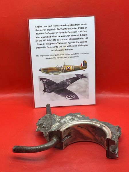 Large engine case part from around a piston from inside merlin engine in RAF Spitfire number P9398 Shot down, 31st July 1940 by Messerschmitt 109 flown by Hauptman Tietzen of 4/JG51 it crashed in flames into the sea in Folkestone Harbour in Kent