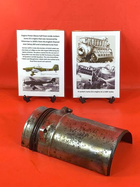 Very rare piston sleeve have with part numbers with original colour from inside Junkers Jumo 211 engine on German Ju87b-1 stuka dive bomber which was shot down in the English channel on the 16th August 1940 during the Battle of Britain