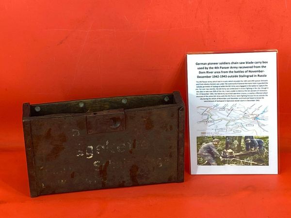 German Pioneer soldiers chain saw blade carry box with maker markings used by the 4th Panzer Army recovered on the Dom river area from the battles of November- December 1942 outside Stalingrad