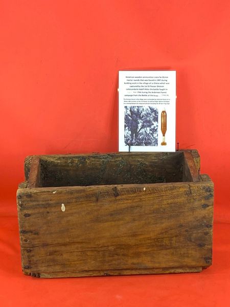 Very rare American wooden ammunition crate for 81mm mortar rounds found in 1997 during building works in village of Le Gleize,captured by the 1st SS Panzer Division Leibstandarte Adolf Hitler the battle fought in December 1944 during the Ardennes Forest
