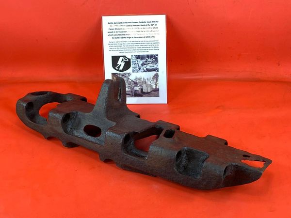 German complete Ostkette track link 1944 pattern, relic condition with rust damage used by Panzer 4 Tank of the 12th SS Panzer Division recovered in 2007 in the Ardennes Forest, village of Krinkelt, attacked by them during the Battle of the Bulge