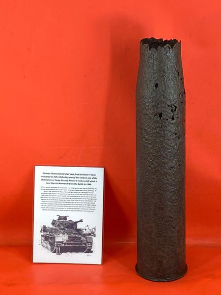 German steel made 75mm KwK 40 shell case solid relic fired by Panzer 4 tank from one of SS Division or Corps Tank properly the 9th SS Panzer Division which was defending Hill 112 near Caen in Normandy 1944 battle