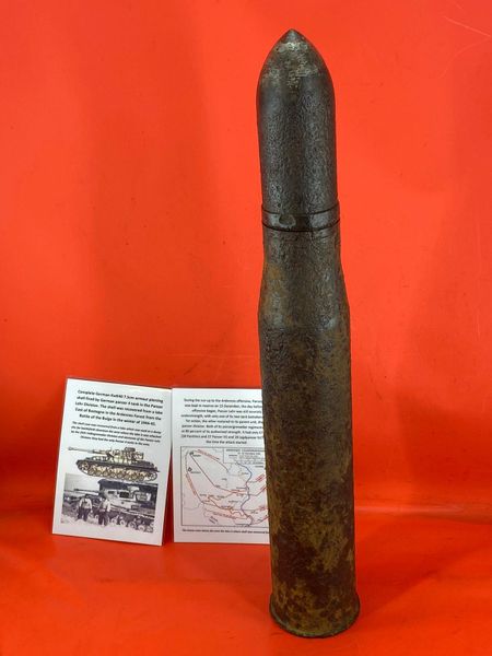 Complete German 75mm KwK40 armour piercing round, steel shell case fired by German panzer 4 tank in the Panzer Lehr Division it was recovered from a lake East of Bastogne in the Ardennes Forest from the Battle of the Bulge in the winter of 1944-45.